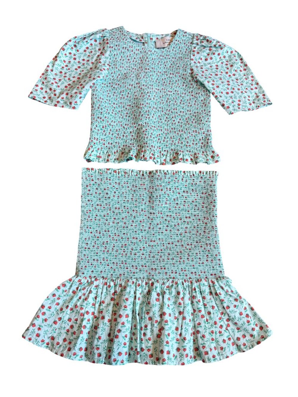 Les Coyotes De Paris Blue Floral Two Piece Skirt Set Smocked Size 10/12 Big Girl